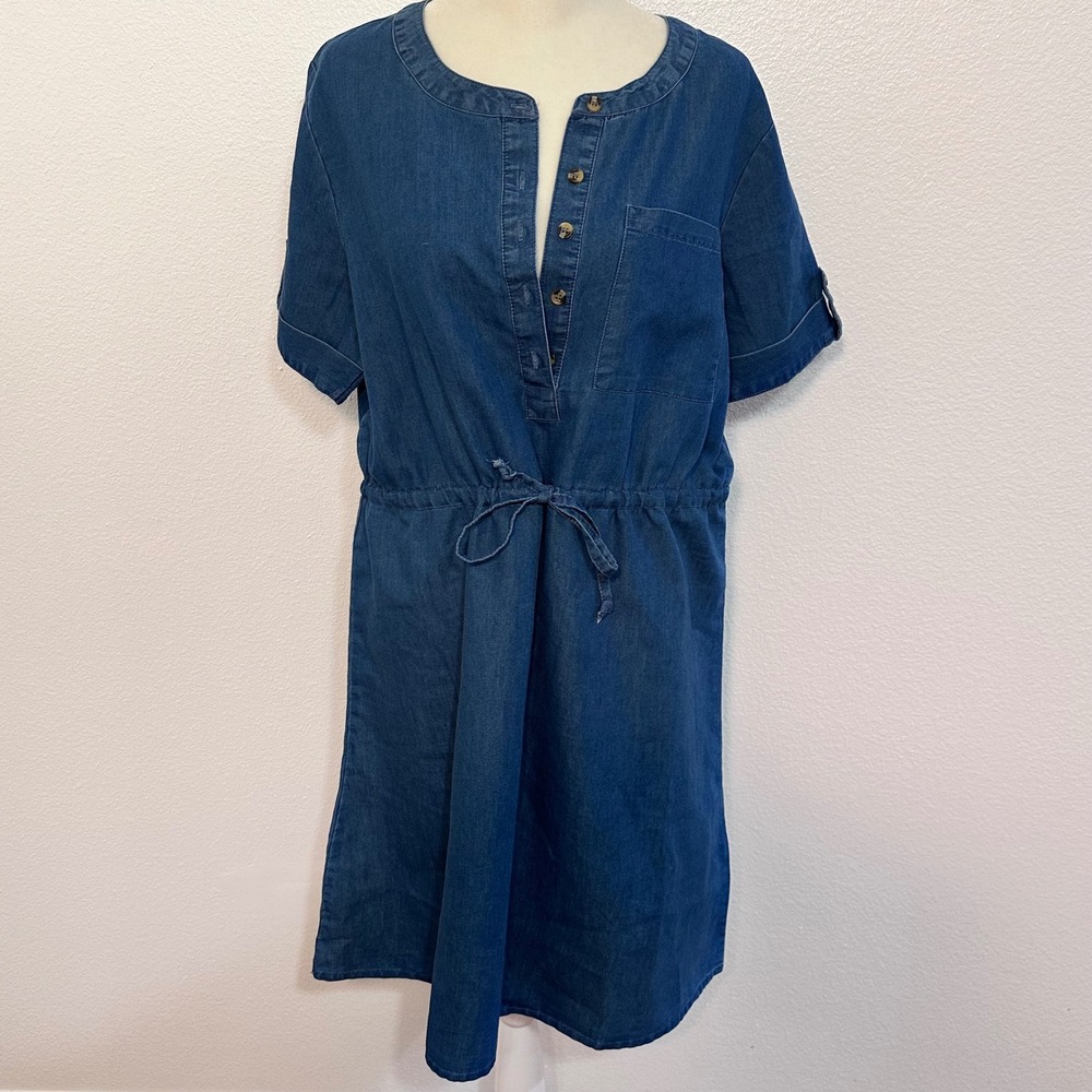 Prairie Lightweight Denim Button Henley Boho Drawstring Shirt Dress Women L Blue